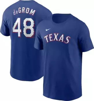 Мужская синяя футболка Nike Texas Rangers Jacob deGrom #48