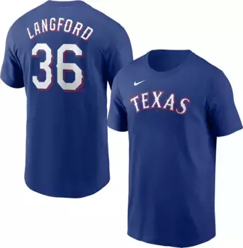 Мужская синяя футболка Nike Texas Rangers Wyatt Langford #36