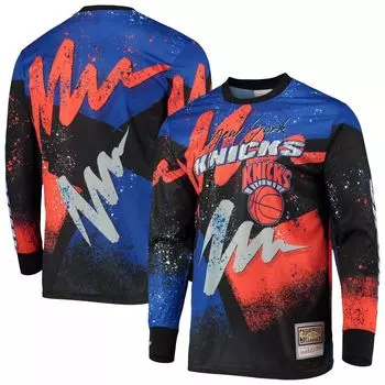 Мужская синяя футболка с длинными рукавами Mitchell & Ness New York Knicks Hardwood Classics Hyper Hoops Moto