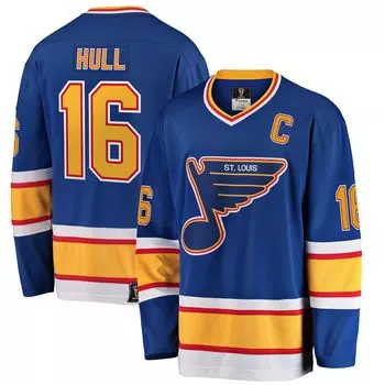 Мужская синяя футболка с логотипом Brett Hull St. Louis Blues Premier отколовшегося игрока пенсионера Fanatics