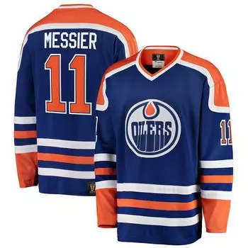 Мужская синяя футболка с логотипом Mark Messier Edmonton Oilers Premier отколовшегося игрока пенсионера Fanatics