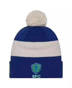 Мужская синяя вязаная шапка с манжетами и помпоном из коллекции Kick Off Collection Seattle Sounders FC 2024 New Era, синий