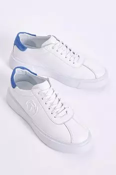 Мужская спортивная обувь из натуральной кожи белого и синего цвета с принтом по бокам на шнуровке TONNY BLACK