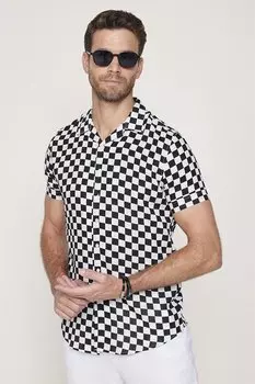 Мужская спортивная рубашка из вискозы с узким вырезом и открытым воротником Slim Fit с короткими рукавами TUDORS, черный