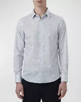 Мужская спортивная рубашка в тон с листовым принтом Bugatchi, цвет Air Blue