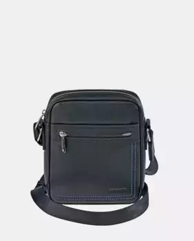 Мужская сумка через плечо PIERRE CARDIN из черной кожи с синей строчкой