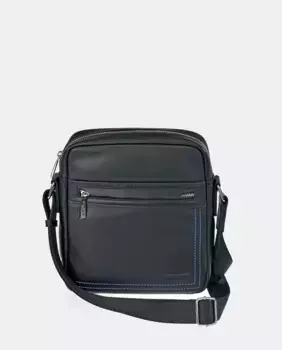 Мужская сумка через плечо PIERRE CARDIN из черной кожи с синей строчкой