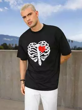 Мужская свободная футболка Manfinity Hypemode, узор «скелеты и сердечки», короткий рукав, черный цвет