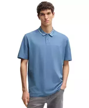 Мужская свободная хлопковая поло с рисунком на воротнике Hugo Boss, синий