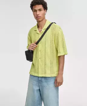 Мужская свободная рубашка с текстурным кружевом и пуговицами Camp Shirt Mode of One, зеленый