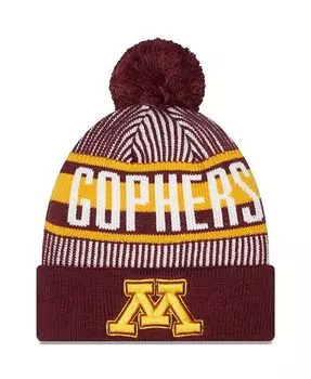 Мужская темно-бордовая вязаная шапка с логотипом Minnesota Golden Gophers в полоску и манжетами с помпоном New Era, красный