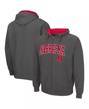 Мужская темно-серая толстовка с молнией во всю длину Nebraska Huskers Arch and Logo 3.0 Colosseum