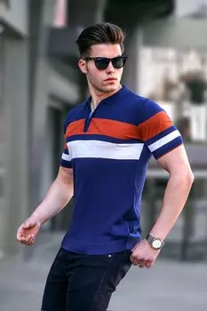 Мужская темно-синяя футболка с воротником-поло на молнии 5730 MADMEXT