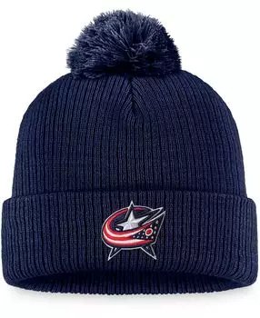 Мужская темно-синяя вязаная шапка Columbus Blue Jackets Core Primary с логотипом и манжетами с помпоном Fanatics