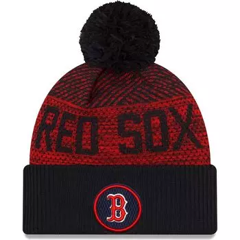Мужская темно-синяя вязаная шапка New Era Boston Red Sox Authentic Collection с манжетами и помпоном