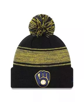 Мужская темно-синяя вязаная шапка с манжетами и помпоном Milwaukee Brewers New Era, синий