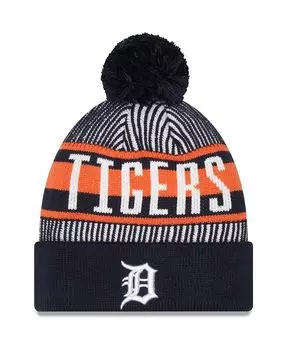 Мужская темно-синяя вязаная шапка в полоску с манжетами и помпоном Detroit Tigers New Era