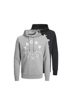 Мужская толстовка, 2 шт - JJWARRIOR SWEAT HOOD, пуловер, логотип JACK & JONES, цвет Schwarz/grau