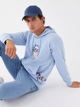 Мужская толстовка с длинным рукавом с принтом «Рик и Морти» LCW Casual, светло-синий