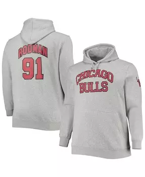 Мужская толстовка с капюшоном dennis rodman heathered grey chicago bulls big and tall с именем и номером Mitchell & Ness, мульти