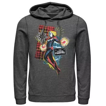 Мужская толстовка с капюшоном и джинсовым пуловером в клетку Marvel Captain Marvel с нашивками и портретом