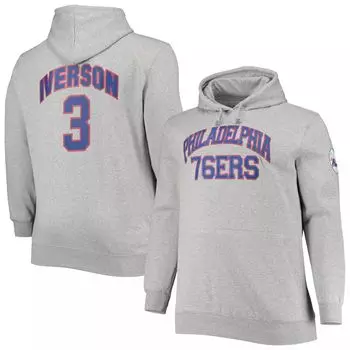 Мужская толстовка с капюшоном Mitchell & Ness Allen Iverson Heathered Grey Philadelphia 76ers Big & Tall Name & Number