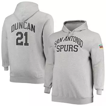 Мужская толстовка с капюшоном Mitchell & Ness Tim Duncan Heathered Grey San Antonio Spurs Big & Tall Name & Number