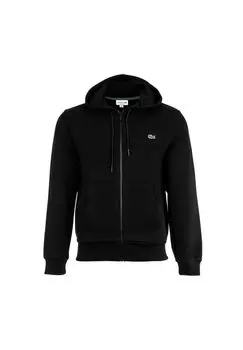 Мужская толстовка с капюшоном - молния, флис с начесом, смесь хлопка LACOSTE, черный