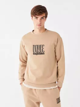 Мужская толстовка с круглым вырезом и длинным рукавом с принтом LCW Casual, бежевый