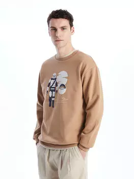 Мужская толстовка с круглым вырезом и длинным рукавом с принтом LCW Casual, светло-коричневый