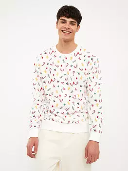 Мужская толстовка с круглым вырезом и длинным рукавом в новогодней тематике LCW Casual, от белого