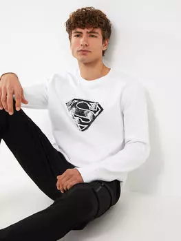 Мужская толстовка с круглым вырезом и длинным рукавом с принтом Супермена LCW Casual