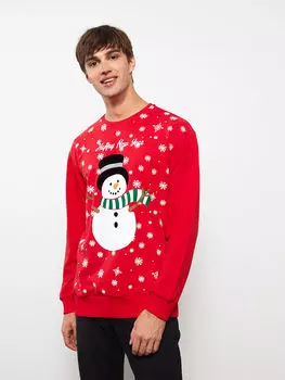 Мужская толстовка с круглым вырезом и длинными рукавами в рождественской тематике LCW Casual