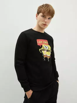 Мужская толстовка с круглым вырезом и принтом Губки Боба с длинными рукавами LCW Casual