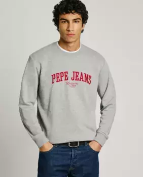 Мужская толстовка с круглым вырезом и вышитым логотипом Pepe Jeans, светло-серый