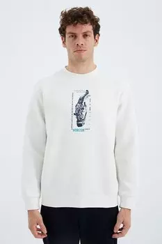 Мужская толстовка удобного кроя цвета экрю с круглым вырезом и детальным принтом TOMMYLIFE, экрю