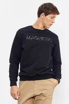 Мужская толстовка удобной формы с круглым вырезом и вышивкой черного текста TOMMYLIFE, черный