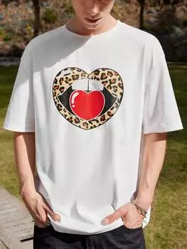 Мужская трикотажная футболка Manfinity Hypemode, узор «губы и сердечки», круглый вырез, короткие рукава, белый цвет