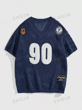 Мужская трикотажная рубашка Prep с короткими рукавами и цифровым узором, подходит для ношения в домашних условиях. весна и лето, школа Romwe, темно-синий