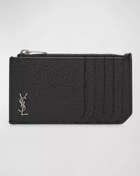 Мужская визитница YSL на молнии из зерненой кожи Saint Laurent, цвет Nero