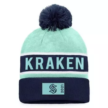 Мужская вязаная шапка Fanatics Deep Sea Blue/Light Blue Seattle Kraken Authentic Pro Rink с манжетами и помпоном