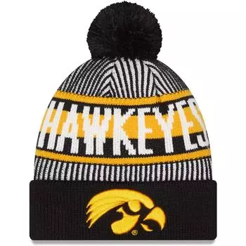 Мужская вязаная шапка New Era Black Iowa Hawkeyes в полоску с манжетами и помпоном