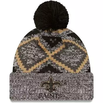 Мужская вязаная шапка New Era черная/серая с меланжевым узором New Orleans Saints Grandpa с манжетами и помпоном