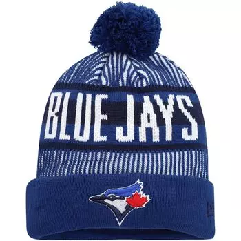 Мужская вязаная шапка New Era Royal Toronto Blue Jays в полоску с манжетами и помпоном