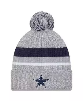 Мужская вязаная шапка с манжетами и помпоном цвета Dallas Cowboys Heather Grey New Era, серый