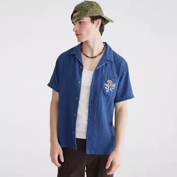 Мужская вышитая рубашка из газовой ткани с короткими рукавами и застежкой на пуговицы Aeropostale, цвет sargasso sea
