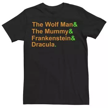 Мужская зеленая и оранжевая футболка Universal Monsters с графическим изображением списка имен Licensed Character
