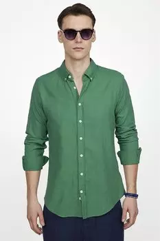 Мужская зеленая льняная рубашка Tudors Slim Fit с длинным рукавом и воротником в рубчик на пуговицах TUDORS