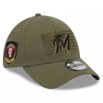 Мужская зеленая мужская кепка New Era Miami Marlins ко Дню вооруженных сил 2023 39THIRTY Flex Hat