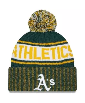 Мужская зеленая вязаная шапка Oakland Athletics с манжетами и помпоном New Era